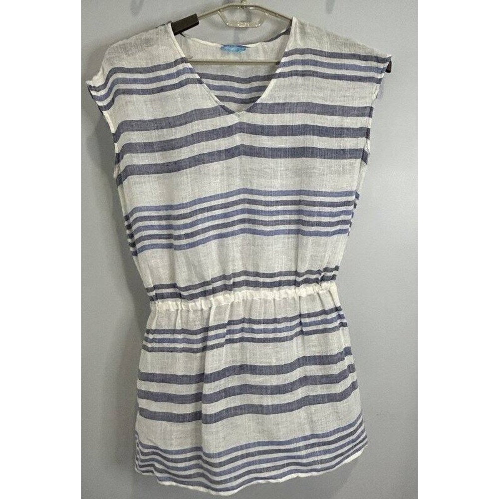 J McLaughlin Womens Linen Blend Swimsuit Cover Up Dress White Blue Striped S